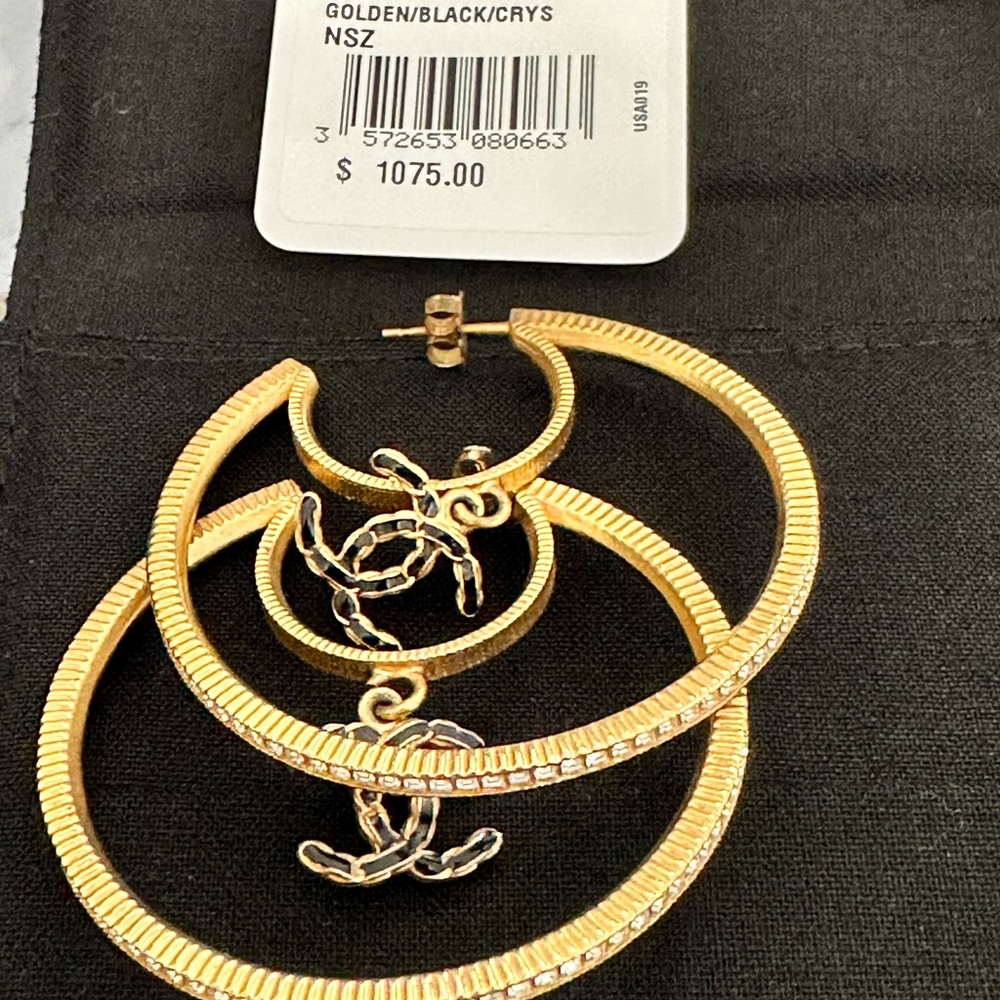 Gold / Black / Crystal Chanel hoop earnings. original tags box and receipt